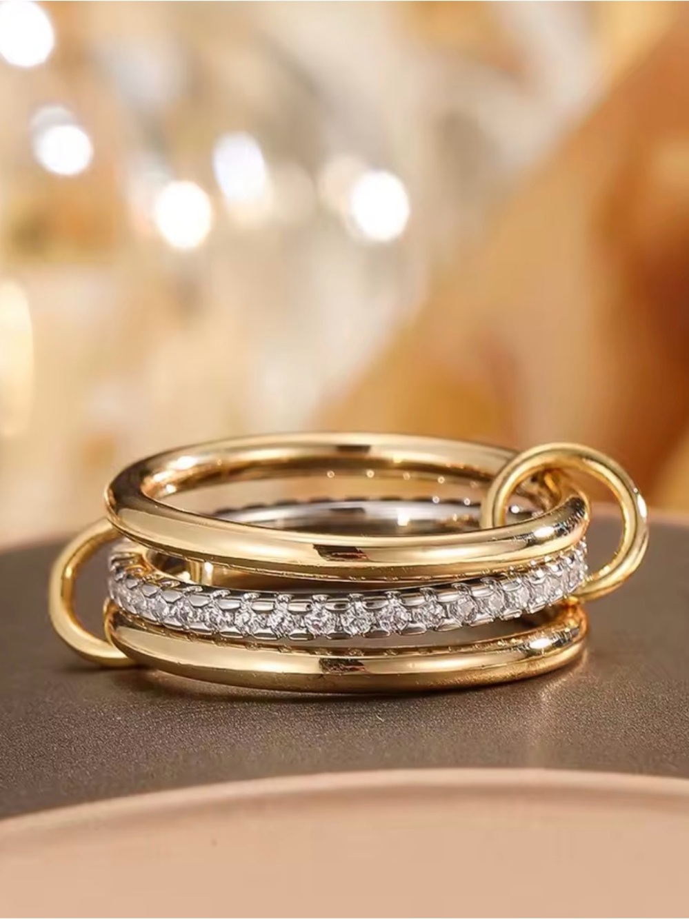 Gold and Silver Pave-Style Stack Ring with Crystal Row